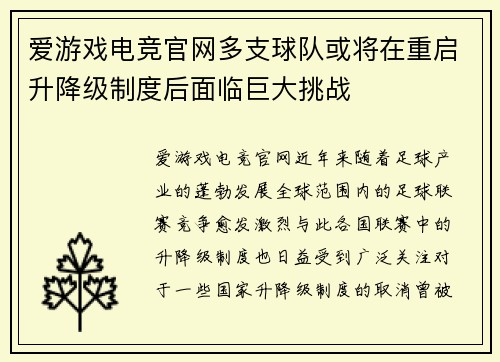 爱游戏电竞官网多支球队或将在重启升降级制度后面临巨大挑战